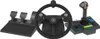 A set of gaming peripherals for PC, including a steering wheel, pedals, and a joystick with a control panel. Produktbild-Vorschau