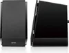Two black speakers are shown side-by-side against a white background. The speaker on the left is shown from the front, and the speaker on the right is shown from the side. Produktbild-Vorschau