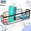 A black metal shower caddy filled with toiletries and a sponge, with bubbles and water splashes around it. Náhled obrázku produktu