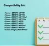 A compatibility list for Canon printers is displayed on a light blue background, with a stylized notepad and checkmarks on the right side. Produktbild-Vorschau