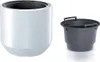 A white planter pot with a gray insert is shown next to a gray bucket with handles. Náhled obrázku produktu