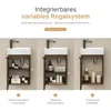 A collage of three images showing different configurations of a bathroom vanity with a sink and faucet, highlighting storage options and adjustable shelves. Náhled obrázku produktu