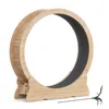 A wooden cat wheel with a gray interior, shown on a white background, with a feather toy in the foreground. Voir les images du produit