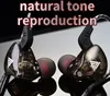 A pair of black and transparent in-ear headphones with red accents, placed on a reflective black surface. Text overlays the top of the image. Produktbild-Vorschau