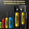 A battery charger with multiple battery types displayed next to it. Produktbild-Vorschau