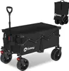 A black folding wagon with a handle and wheels, shown from a slightly angled front view. A smaller, folded version of the wagon is shown in the upper right corner. Voir les images du produit