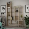 A modern living room with a wooden bookshelf filled with books and decorative items. Produktbild-Vorschau