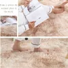 A collage of images showing a soft, shaggy rug in beige, with a person reading on it and another person walking on it. Náhled obrázku produktu