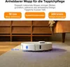 A white robot vacuum cleaner is shown on a carpet, with text overlays highlighting its features. Produktbild-Vorschau