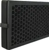 A close-up, side view of a rectangular activated carbon air filter. The filter has a black hexagonal grid pattern. It is enclosed in a black frame and has a black foam edge on the left side with a woven black strap attached. Produktbild-Vorschau