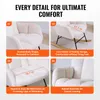 A collage of four images showcasing the features of a white rocking chair, with text descriptions and measurements. Podgląd zdjęcia produktu