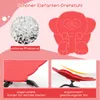 A collage of images showcasing a red elephant-shaped children's chair, highlighting its material, design, and ergonomic features. Produktbild-Vorschau