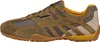 A side view of a single brown and yellow sneaker against a white background. Produktbild-Vorschau