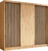 A three-door sliding wardrobe with a wood-effect finish and black slatted panels. Produktbild-Vorschau