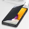 A black Samsung phone case is shown partially open, revealing the phone screen. Produktbild-Vorschau