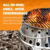 A close-up of a grill with flames, set against an orange background with text. Produktbild-Vorschau