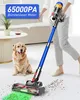 A person is using a cordless vacuum cleaner in a living room with a dog sitting nearby. Produktbild-Vorschau
