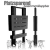 A folded black plastic table and a diagram showing how to unfold it. Produktbild-Vorschau