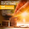A hand is placing coins on a stack of coins, with a bright light shining from behind. Text overlays promote solar technology and cost savings. Produktbild-Vorschau