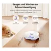 A robot vacuum cleaner is shown on a wooden floor with water spills, next to a dog on a rug. Text overlays describe its features. Náhled obrázku produktu