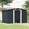 A dark gray metal garden shed with double doors is shown in an outdoor setting with a wooden deck and green grass. Produktbild-Vorschau