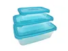 Three stacked plastic food containers with blue lids. Produktbild-Vorschau