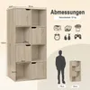 A collage showcasing a light oak wood shelving unit with dimensions and comparison images. Produktbild-Vorschau