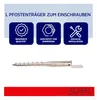 A marketing image showing a screw-in post anchor with feature callouts and a brand logo. Produktbild-Vorschau