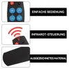 Collage of three images showing a remote control and its features, with accompanying text. Produktbild-Vorschau