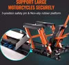A close-up view of an orange and black motorcycle lift with text overlays highlighting its features. Produktbild-Vorschau