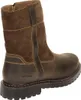 A close-up, rear-side view of a brown leather and suede boot. Voir les images du produit