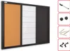 A multi-purpose board with cork, whiteboard, and chalk sections, along with accessories, is displayed against a white background. Podgląd zdjęcia produktu