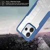 A blue and clear phone case is shown falling onto a rocky surface, with text overlay describing its protective features. Produktbild-Vorschau