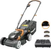 A black and orange electric lawnmower is shown with accessories including batteries and a charger. Produktbild-Vorschau