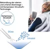 A woman is wrapped in a blanket, holding a mug, while an illustration shows how an inhaler works. Produktbild-Vorschau