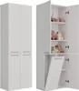 A white bathroom cabinet with a laundry basket compartment is shown from two angles. Anteprima dell’immagine prodotto