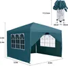 A teal colored gazebo with dimensions shown, and a folded gazebo in the top right corner. Produktbild-Vorschau