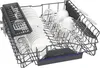 The interior of a dishwasher rack filled with clean dishes, glasses, and a spatula. Produktbild-Vorschau