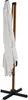 A closed white umbrella with a wooden pole and a black base, isolated on a white background. Produktbild-Vorschau