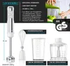 A product shot of a silver and white immersion blender set with various attachments and descriptive text. Produktbild-Vorschau