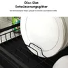 A close-up of a black dish rack holding white plates with gold trim. Text is overlaid on the top portion of the image. Produktbild-Vorschau