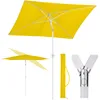 A yellow rectangular umbrella is shown from multiple angles, including a close-up of its pole connection and a folded state with its carrying case. Produktbild-Vorschau