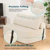 A cream-colored sofa bed is shown in a room setting, with text overlays highlighting its features. Produktbild-Vorschau