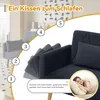 A dark gray sofa with adjustable backrests and armrests, shown with numbered indicators and a woman sleeping on a pillow. Voir les images du produit