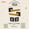 A product image showcasing door handles and their accessories against a light beige background with graphic elements. Produktbild-Vorschau