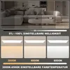 A living room scene with a sectional sofa, coffee table, and a ceiling light fixture. Below are three examples of the ceiling light panel at different color temperatures (3000K, 4000K, 6500K) and a slider indicating adjustable brightness. Produktbild-Vorschau
