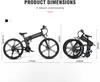 Product dimensions of an electric bicycle, shown in both unfolded and folded states, with measurements indicated. Produktbild-Vorschau