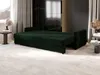 A dark green sofa bed is shown in a modern living room setting, with decorative elements and curtains. Produktbild-Vorschau