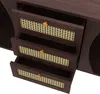A close-up view of three open drawers of a dark wood sideboard with cane detailing and wooden knobs. Produktbild-Vorschau