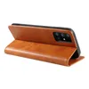 A brown leather flip case for a smartphone is shown standing upright on a white background. Produktbild-Vorschau